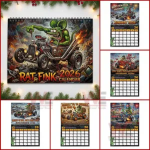 Rat Fink 2026 Wall Calendar 10 Collection of Rat Fink twenty twenty six calendar pages arranged around the main cover.