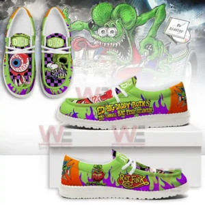 Shoes decorated with bright Rat Fink themed illustrations bold colors and expressive character art along the upper panels!