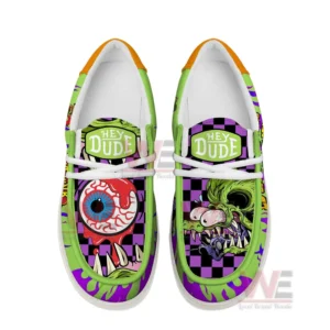 Rat Fink 23rd Anniversary Hey Dude Shoes 5 Top view image of shoes featuring a bold eyeball graphic and a vivid Rat Fink face against a colorful checker pattern!