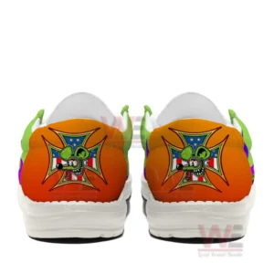 Rat Fink 23rd Anniversary Hey Dude Shoes 6 Rear view shoes with orange heels decorated by a cross emblem and a green cartoon character illustration!