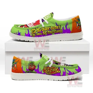 Rat Fink 23rd Anniversary Hey Dude Shoes 7 Side view image of shoes decorated with Rat Fink lettering purple flames and detailed character art across the panels!