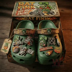 Green Rat Fink themed clogs with hot rod racing charms engine details and vintage style packaging!