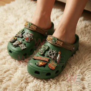 Rat Fink Hot Rod Racing Crocs Clogs with Charms 4 Person wearing green Rat Fink clogs with hot rod racing charms and custom decorative details!
