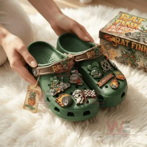 Rat Fink Hot Rod Racing Crocs Clogs with Charms 5 Hands holding green Rat Fink clogs with hot rod racing charms and detailed custom design!