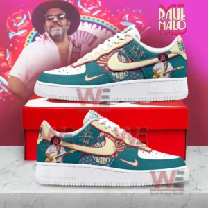 Music inspired sneakers with artistic graphics teal panels cream accents and a red box background highlighting a vibrant creative design!