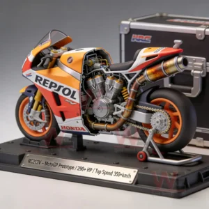 A miniature racing motorcycle model on a display stand featuring realistic engine details exhaust pipes and professional track styling!