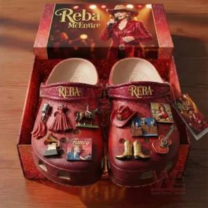Red glitter country music themed clogs presented in a collector style box with elegant decorative charms!