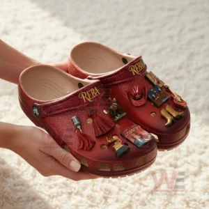 Reba McEntire Crocs Clogs with Charms 5 Hands holding red glitter country music themed clogs with detailed decorative elements!