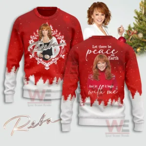 Red holiday sweatshirt with winter forest pattern and country music inspired portrait!