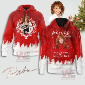 Red Christmas hoodie with winter scenery and smiling portrait design!