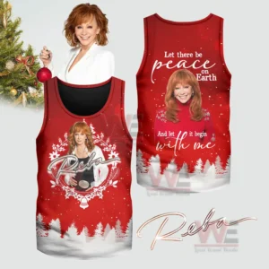 Red holiday sleeveless shirt with winter forest design and joyful portrait!