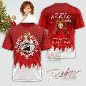 Red Christmas shirt with winter theme and cheerful portrait artwork!