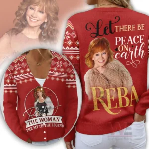 Red Christmas cardigan sweater with festive patterns front artwork and portrait design on the back!