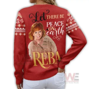 Reba The Woman The Myth The Legend Cardigan Sweater 4 Back view of red Christmas cardigan with portrait artwork and holiday themed text!