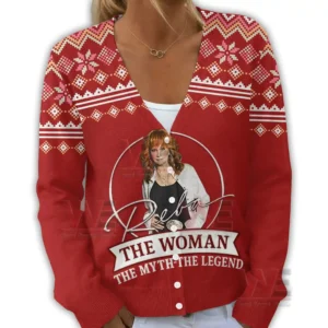 Reba The Woman The Myth The Legend Cardigan Sweater 5 Front view of red Christmas cardigan with portrait emblem winter patterns and button details!