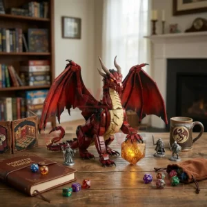 Red Dragon D20 Duingeon and Dragons Collector Brick Edition 4 Brick red dragon figure displayed on a table with fantasy books dice and miniatures in a gaming room!