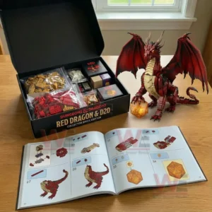 Red Dragon D20 Duingeon and Dragons Collector Brick Edition 5 Brick red dragon model displayed with its box loose parts and an open instruction book on a table!