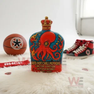 A red octopus themed bottle displayed on a white fluffy surface with matching items in the background.