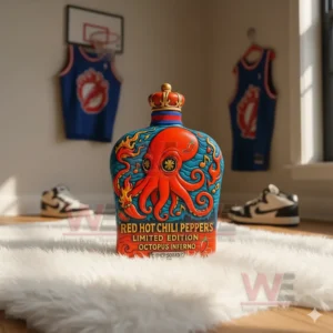 A red octopus design bottle placed on a white rug inside a brightly lit sports themed room.