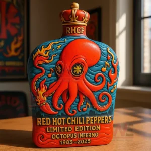 A vivid red octopus themed bottle displayed on a wooden surface with sunlight and posters behind it.