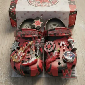 Red and black clogs decorated with various themed charms set in front of a Red Hot Chili Peppers box!