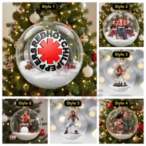 The image displays multiple Red Hot Chili Peppers themed ornaments arranged in various designs featuring band related imagery in snowy glass spheres.