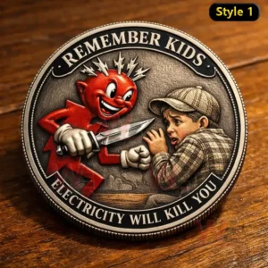 Alt text metal coin with a red devil cartoon holding a knife beside a frightened boy and the warning text remember kids electricity will kill you.