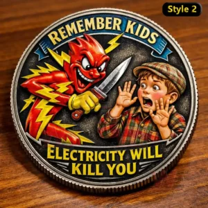 Alt text colorful coin showing a red lightning character with a knife and a frightened boy with text reading remember kids electricity will kill you.