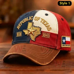 Tricolor Texas themed cap with Republic of Texas embroidery state outline gold star dates and Lone Star State side patch!