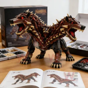 Three headed monster dog building block model with red eyes and spiked back on a table with parts trays product box and instruction manual.