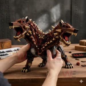 Hands holding a three headed monster dog building block model with red eyes open jaws and spiked back on a wooden work table with building pieces.