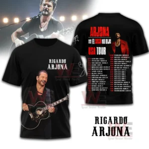 Black Ricardo Arjona tour shirt with front guitar portrait and back USA tour schedule.