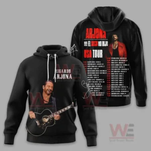 Black Ricardo Arjona hoodie with guitar image on front and tour schedule on back.