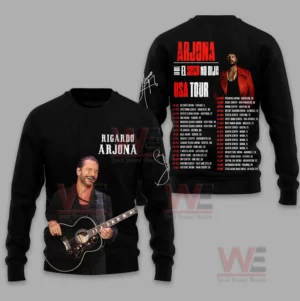 Black Ricardo Arjona sweater with front guitar portrait and back USA tour dates.