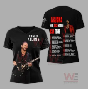Womens Ricardo Arjona tour shirt with guitar portrait on front and USA tour dates on back.