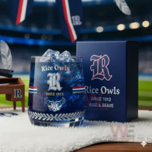 Rice Owls whiskey glass with ice and blue drink shown beside a branded box in a vibrant stadium setting!