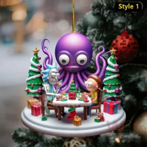 A holiday ornament with cartoon characters enjoying a meal under a playful purple creature!
