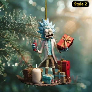 A holiday ornament with a cartoon scientist surrounded by gifts and a candle!