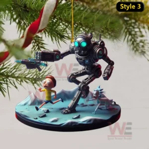 A holiday ornament with a robot chasing cartoon characters across a snowy scene!