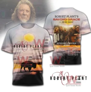 Music tour shirt with artistic sunset landscape front design and group performance image on the back celebrating live concert spirit!