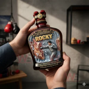 Person holding a Rocky 50th anniversary bottle with Rocky boxing artwork and quote with gym equipment in the background!