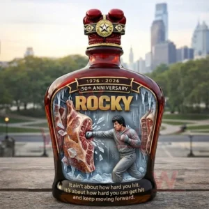 Rocky 50th anniversary bottle with boxing artwork and quote displayed outdoors with a city skyline behind it!