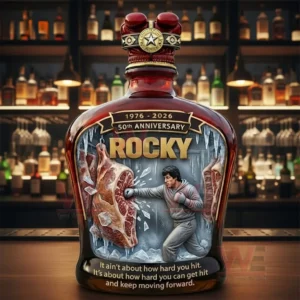 Rocky 50th anniversary commemorative bottle on a bar counter with Rocky boxing artwork and quote and liquor shelves in the background!