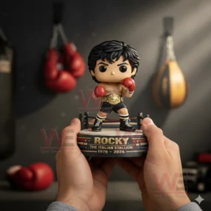 Stylized Rocky Balboa boxing figure with red gloves and a gold championship belt standing on a ring display base labeled Rocky The Italian Stallion 1976 2026 with boxing equipment in the background.