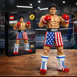 Building block boxing figure of Rocky with red gloves and American flag shorts standing on a table in a boxing gym!