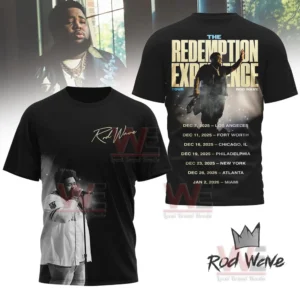 A black shirt displaying a grayscale performance photo on the front and a tour poster with dates on the back!