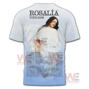 Back of white Rosalia tour shirt with portrait and detailed tour date list.