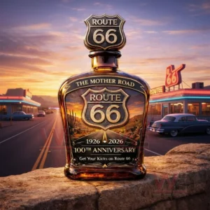 Route sixty six anniversary whiskey bottle displayed on a stone with a sunset highway diner and classic cars in the background!