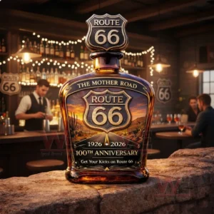 Route 66 100Th Anniversary 1926-2026 The Mother Road Whiskey Bottle 3 Route sixty six commemorative whiskey bottle on a bar counter with warm lighting bottles and people in the background!