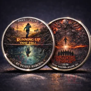 Two fantasy themed commemorative coins with dramatic artwork showing running up that hill and a dark supernatural scene placed side by side!